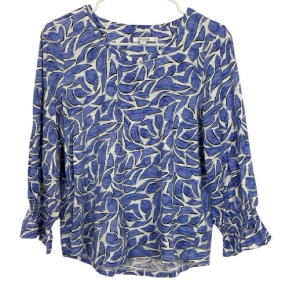 Chico's Blue Leaf-Print Ruffle-Cuff Blouse Cotton Modal size 1/Med - Picture 3 of 10